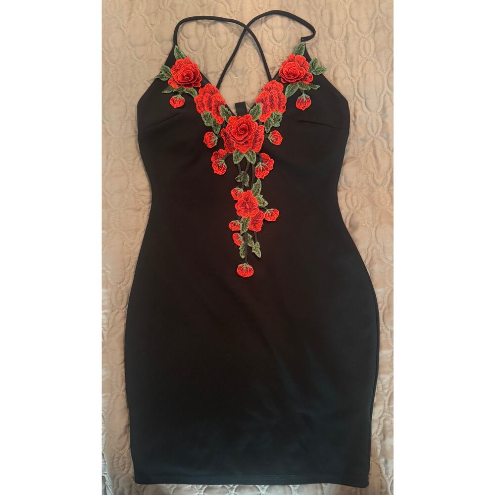 Windsor, Black Body-Con Dress with Red Rose Details